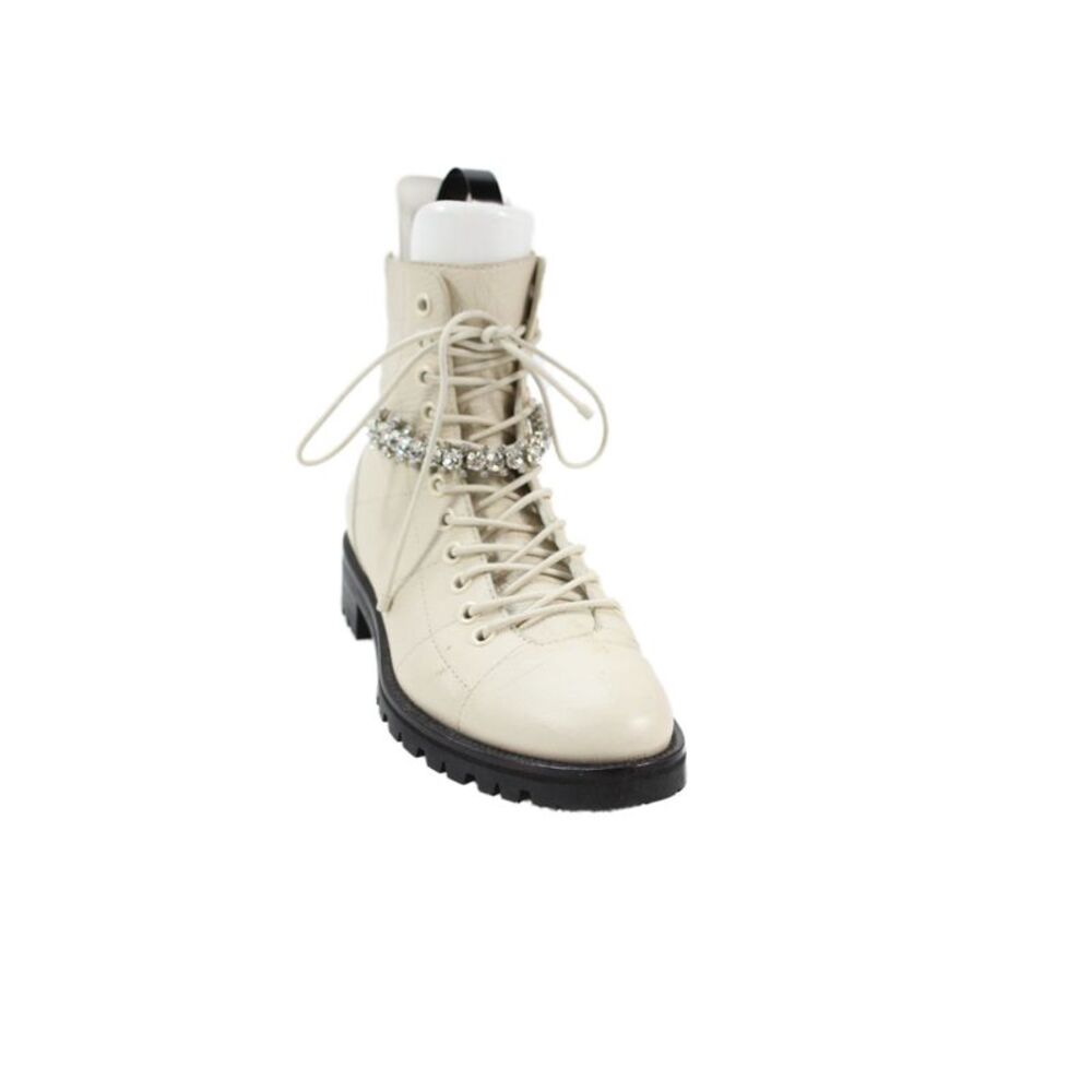 Jimmy Choo Womens Leather Cruz Crystal Embellished Combat Boots Beige Size 6.5